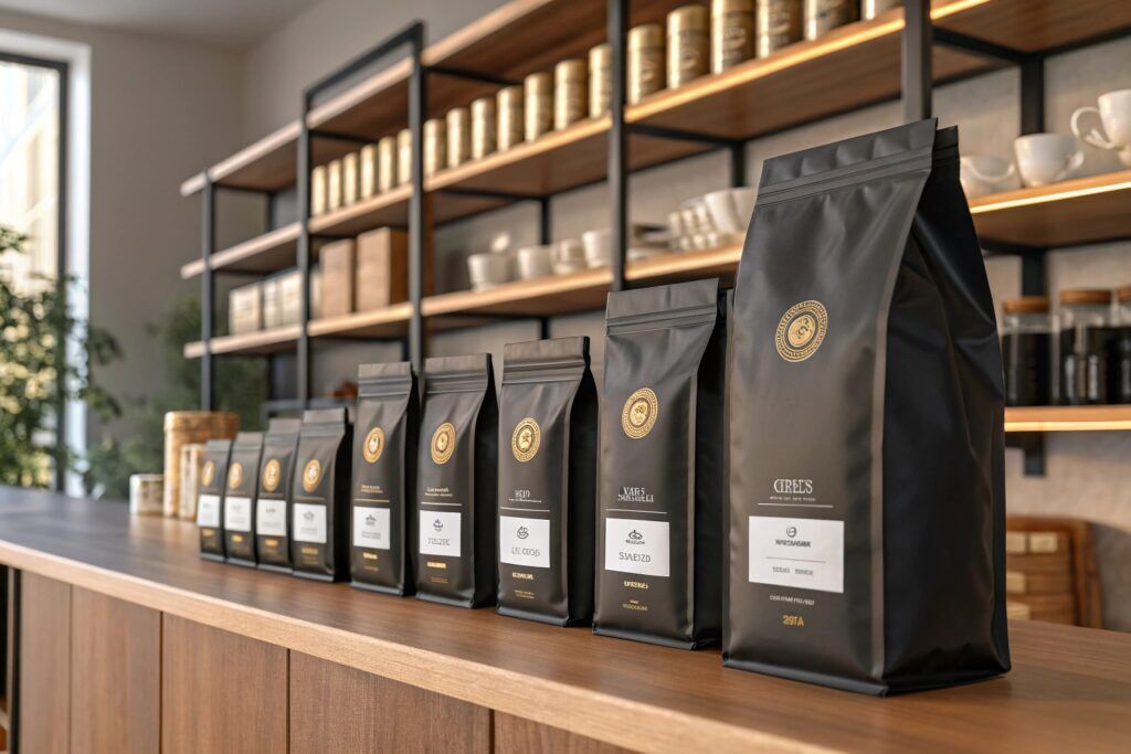 A lineup of coffee packaging pouches on a wooden counter with shelves of jars in the background.
